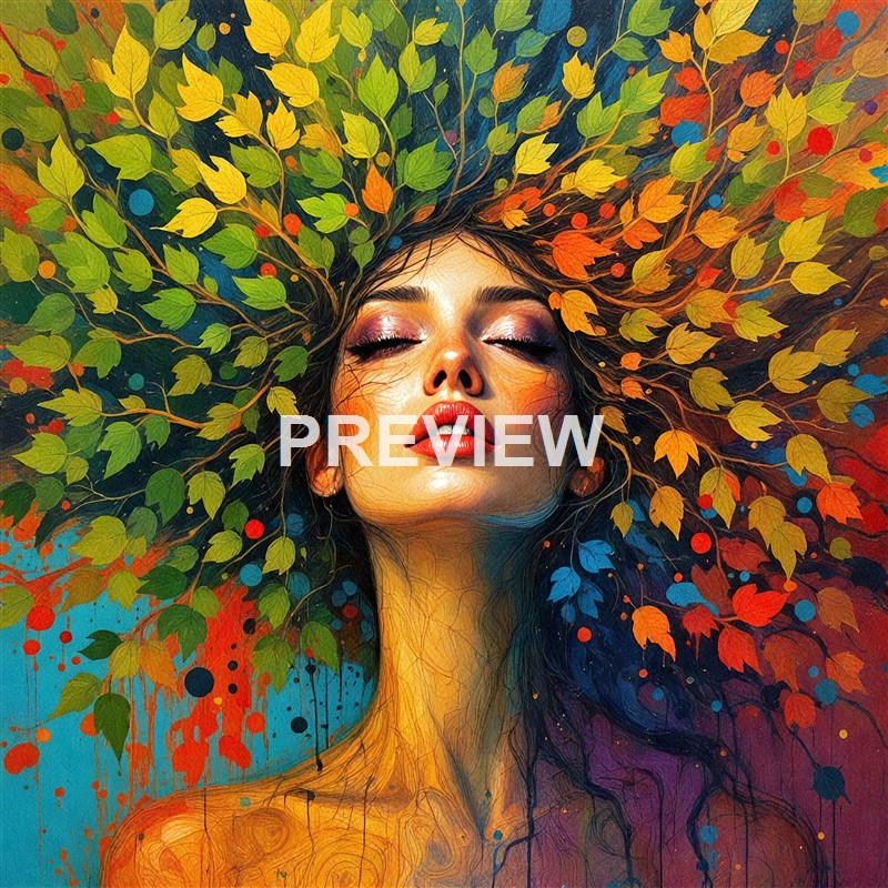 A surreal digital painting of a woman with closed eyes and vibrant makeup, with her flowing hair transforming into colorful autumn leaves and branches radiating outward, creating a vivid and dreamlike atmosphere.